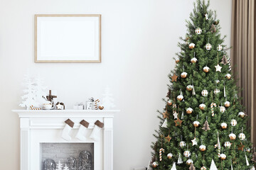 Interior mockup and frame mockup  A4 in christmas home decor living room