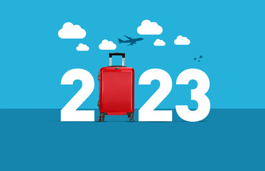2023 new year World tourism creative 3D concept background. Red travel bag with 2023 new year text.