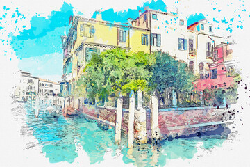 Watercolor drawing picture landscape view of Venice beautiful landmark of Italy.