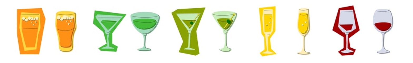 Beer vermouth martini champagne red wine glass on white background. Cartoon sketch graphic design. Flat style. Colored hand drawn image. Party drink concept for restaurant, cafe, party. Freehand drawi