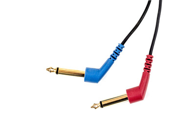 Red and Blue audio cable jack isolated on white background. Mini audio jack isolated.cable isolated.Jack cable isolated.