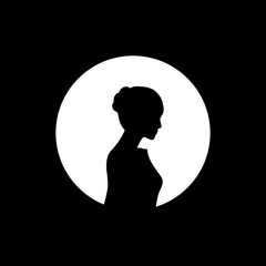 Silhouette profile image of female avatar for social networks with half circle. Fashion and beauty. Black white vector illustration.