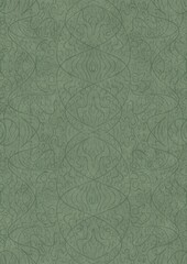 Hand-drawn unique abstract symmetrical seamless ornament. Dark semi transparent green on a light warm green background color. Paper texture. A4. (pattern: p02-2d)