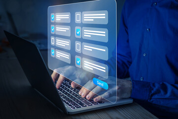 Assessment, questionnaire, quiz, or survey form with checkboxes on computer screen. Person...