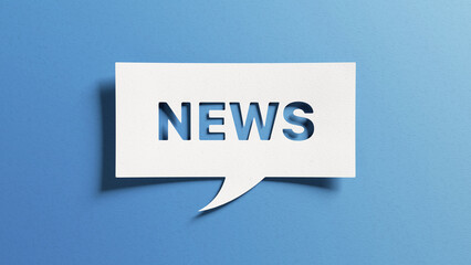 News text for newsletter, latest news, breaking news, blog website. Cut out paper speech bubble on blue background for banner, headline background. Communication on current events. - obrazy, fototapety, plakaty