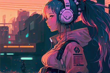 anime listen to music and vibe in city