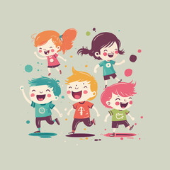 Happy Cute Kids children jumping flat design style vector illustration.