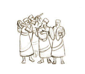 An ancient orchestra is playing. Pencil drawing