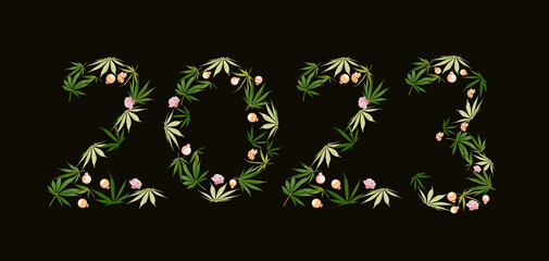 Number 2023 made of hemp leaves, marijuana, christmas baubles and roses. New year celebration concept.