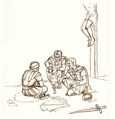 Soldiers at the foot of Christ share His clothes. Pencil drawing