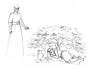 An angel appeared to the prophet Elijah. Pencil drawing