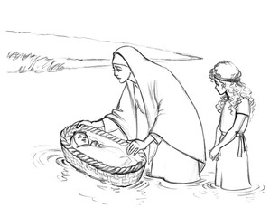 Moses' mother puts him in a basket on the river. Pencil drawing