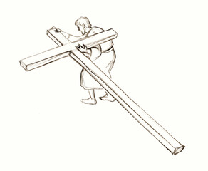Obraz premium One person helps another to carry the cross. Pencil drawing