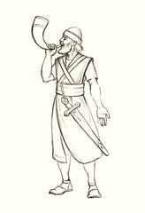 The warrior blows the trumpet. Pencil drawing