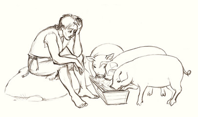 The prodigal son and pigs. Vector drawing