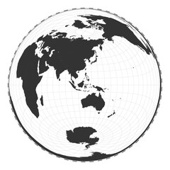 Vector world map. Lambert azimuthal equal-area projection. Plan world geographical map with latitude/longitude lines. Centered to 120deg W longitude. Vector illustration.