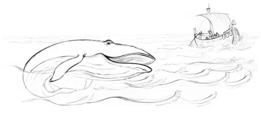 Peoples and blue whale. Pencil drawing