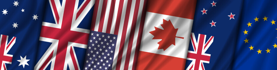 Wavy flags of Australia, United Kingdom, USA, Canada, New Zealand and European Union. Vector wide banner. Political alliance. © GAlexS