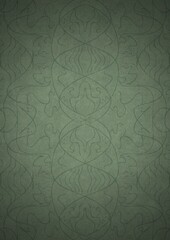 Hand-drawn unique abstract symmetrical seamless ornament. Dark semi transparent green on a light warm green with vignette of a darker background color. Paper texture. A4. (pattern: p02-1d)