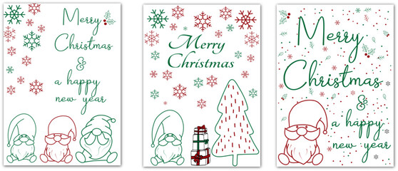 set of cards from christmas and new year with gnomes and snowflakes. minimalist greeting card