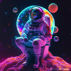 hyper realistic colorful neon light astronaut sitting on a planet on the milky way, planets, space x , spacy - obrazy, fototapety, plakaty