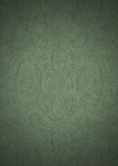 Hand-drawn unique abstract symmetrical seamless ornament. Dark semi transparent green on a light warm green with vignette of a darker background color. Paper texture. A4. (pattern: p08-2d)