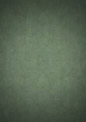 Hand-drawn unique abstract symmetrical seamless ornament. Dark semi transparent green on a light warm green with vignette of a darker background color. Paper texture. A4. (pattern: p09d)