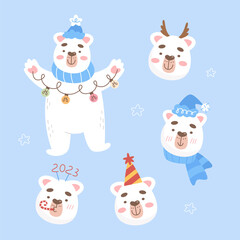 Christmas cute polar bear, great design for any purposes. Cute character design. Vector drawing. Holiday card design.
