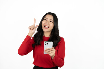 Surprise asian beautiful woman using smartphone isolated on white background.