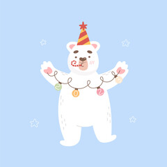 Cute winter polar bear card. Cartoon style vector illustration. New year illustration. Greeting card.