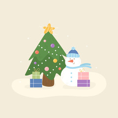 Christmas tree snowman gift for banner design. Happy New Year greeting card vector template. Holiday postcard.