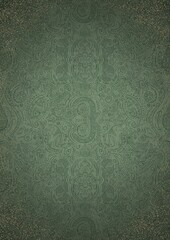 Hand-drawn unique ornament. Dark green on light warm green background, with vignette of darker background color and splatters of golden glitter. Paper texture. Digital artwork, A4. (pattern: p01d)