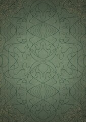 Hand-drawn unique ornament. Dark green on light warm green background, with vignette of darker background color and splatters of golden glitter. Paper texture. Digital artwork, A4. (pattern: p02-1d)