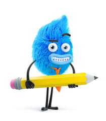 Fluffy businessman and pencil. 3d illustration. Cartoon character. Creativity and inspiration concept.