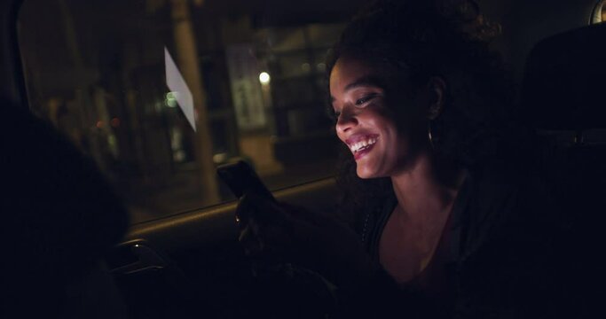 Woman, phone and night travel in taxi with social media, public transport lift or vehicle service app. Smile, happy or laughing tourist, student or person on mobile technology in late evening commute