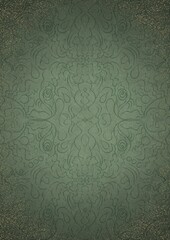 Hand-drawn unique ornament. Dark green on light warm green background, with vignette of darker background color and splatters of golden glitter. Paper texture. Digital artwork, A4. (pattern: p07-1d)