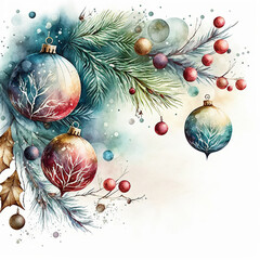 Watercolor Christmas ornaments and pine branches with festive berries, featuring delicate hand-painted baubles in soft winter colors