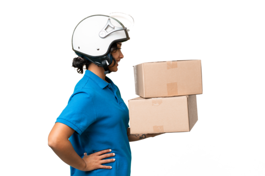 Young Argentinian  delivery woman over isolated background with happy expression