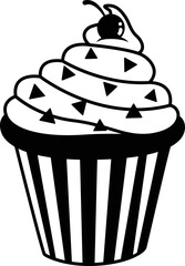 Cupcakes Clipart with cherry and other ornament decorative. Black and White style