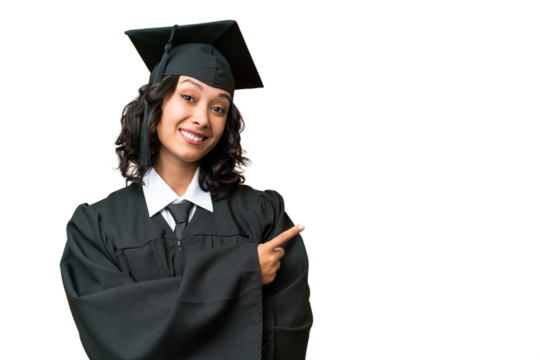 Young university graduate Argentinian woman over isolated background pointing finger to the side