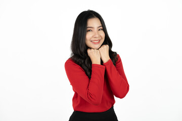 Obraz na płótnie Canvas Young Asia lady feel happiness with positive expression, joyful surprise funky, dressed in casual cloth isolated on white background. Happy adorable glad woman rejoices success. Facial expression.