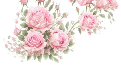 Floral illustration in Pastel colors, Bouquet of flowers red rose, Leaf and buds,  leaves on white background.