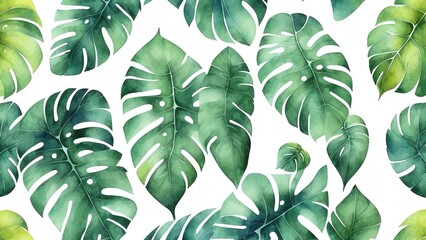 Collection of tropical greenery leaf plant herbs leaves monstera palm, Hand drawn leaves illustration in watercolor technique.