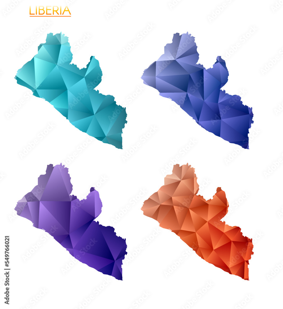 Poster set of vector polygonal maps of liberia. bright gradient map of country in low poly style. multicolo