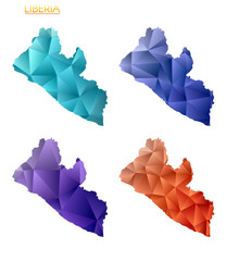 Set of vector polygonal maps of Liberia. Bright gradient map of country in low poly style. Multicolored Liberia map in geometric style for your infographics. Captivating vector illustration.