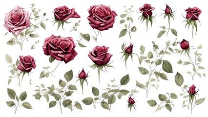 Floral elements. Flower red, burgundy, navy blue rose, green leaves.  Botanic illustration isolated on white background.