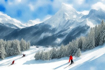 AI-generated Image Of Ski Sliders On A Slope In The Alps Watercolor Landscape