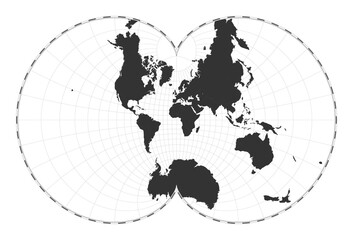 Vector world map. Eisenlohr conformal projection. Plan world geographical map with latitude/longitude lines. Centered to 0deg longitude. Vector illustration.