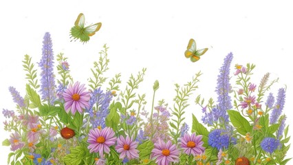 Fototapeta na wymiar Beautiful wild flowers and butterfly, outdoors, A picturesque colorful artistic image with a soft focus.