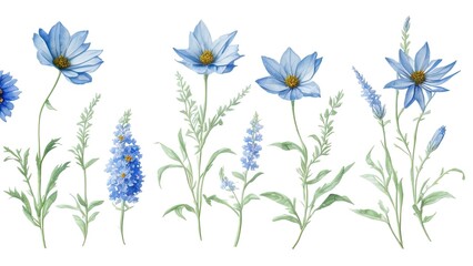Set watercolor design elements of blue wild flowers collection.